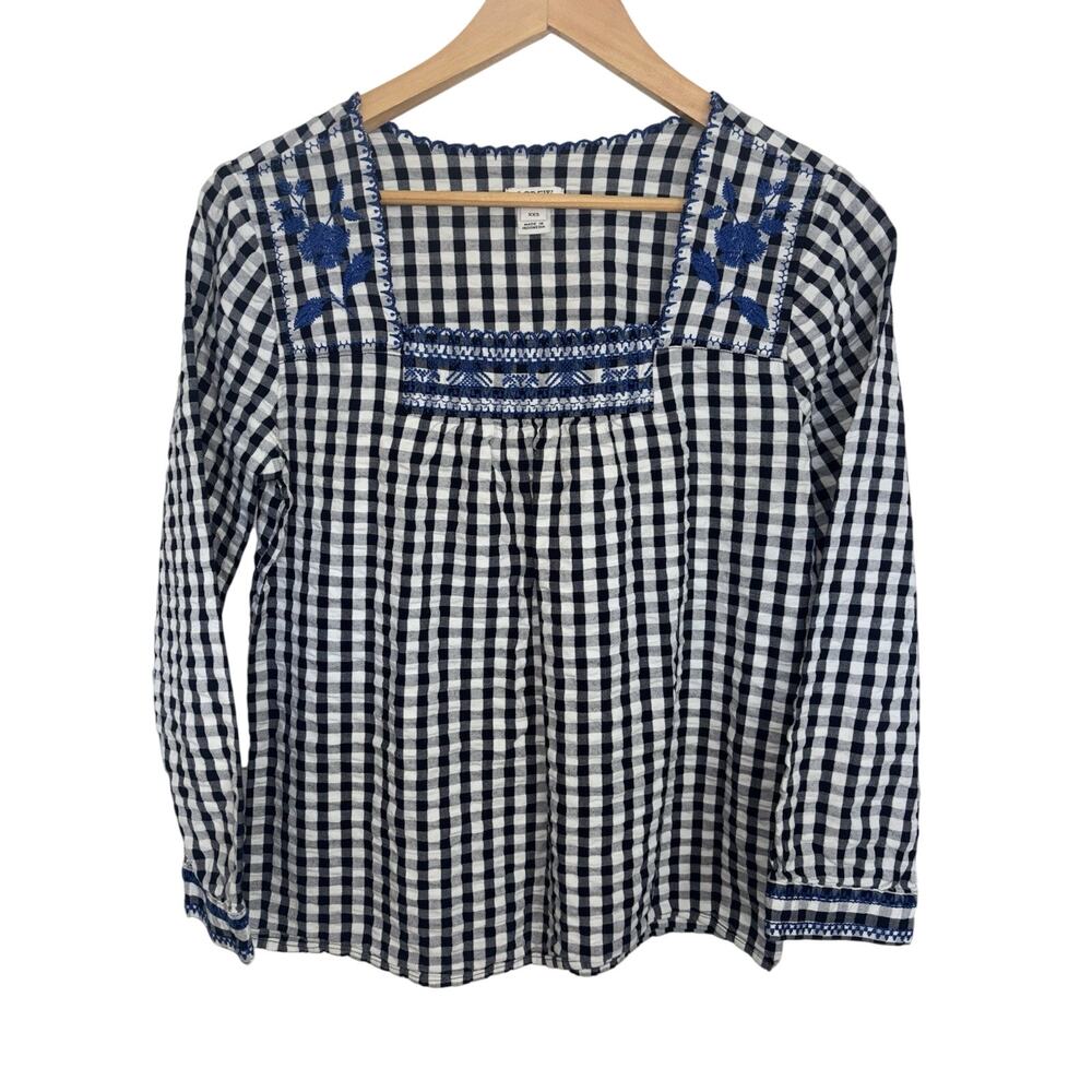 J Crew Navy White Gingham Print Embroidered Top Square Neck XXS Cotton Peasant